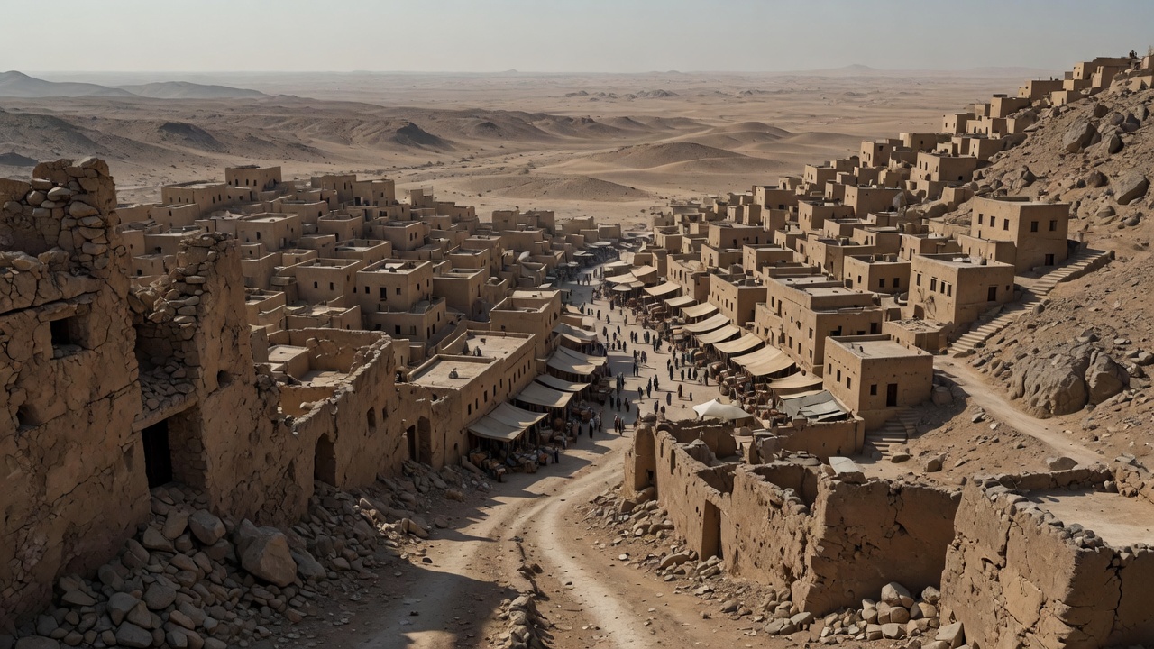 Sand Port, a desert city built into a mountain pass, its market street running down the center