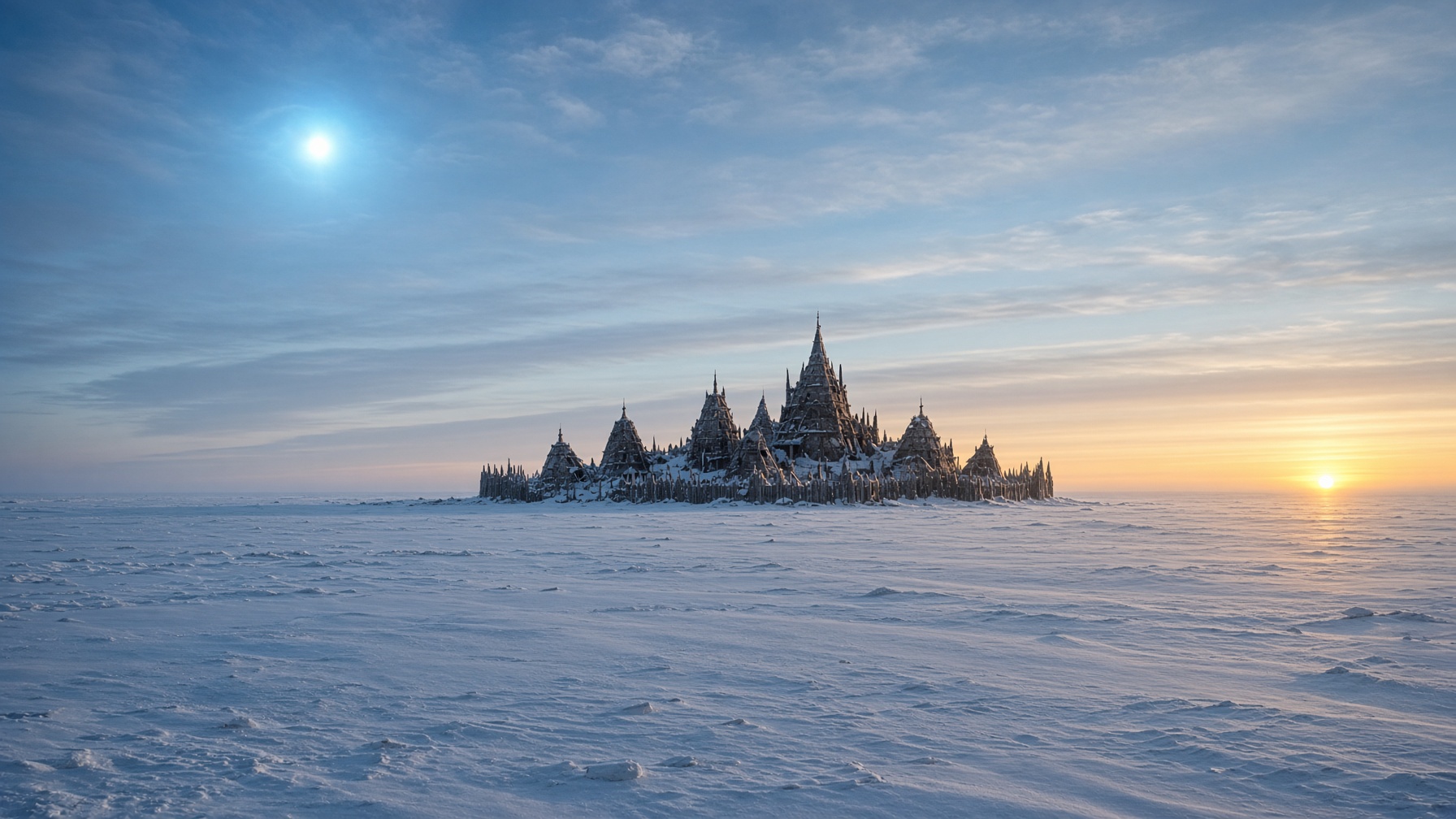 The spired ice city of Beornan Oerthe rising from the frozen shelf under a pale winter sky, sun low on the horizon