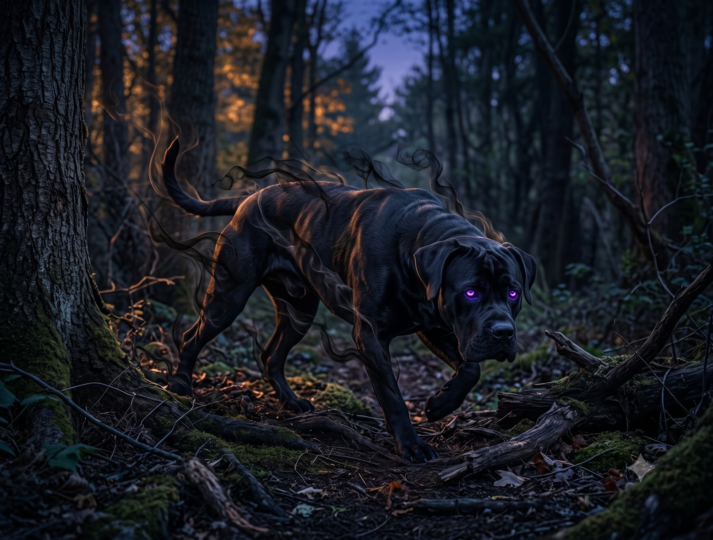 Bob Ravenson's Shadow Mastiff familiar prowling a dark forest, eyes glowing violet