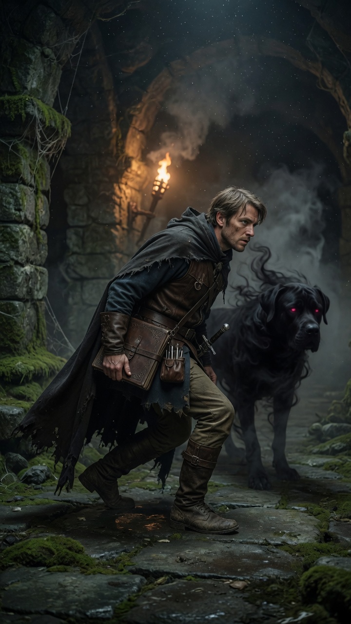 Bob Ravenson and familiar in a torchlit ruin