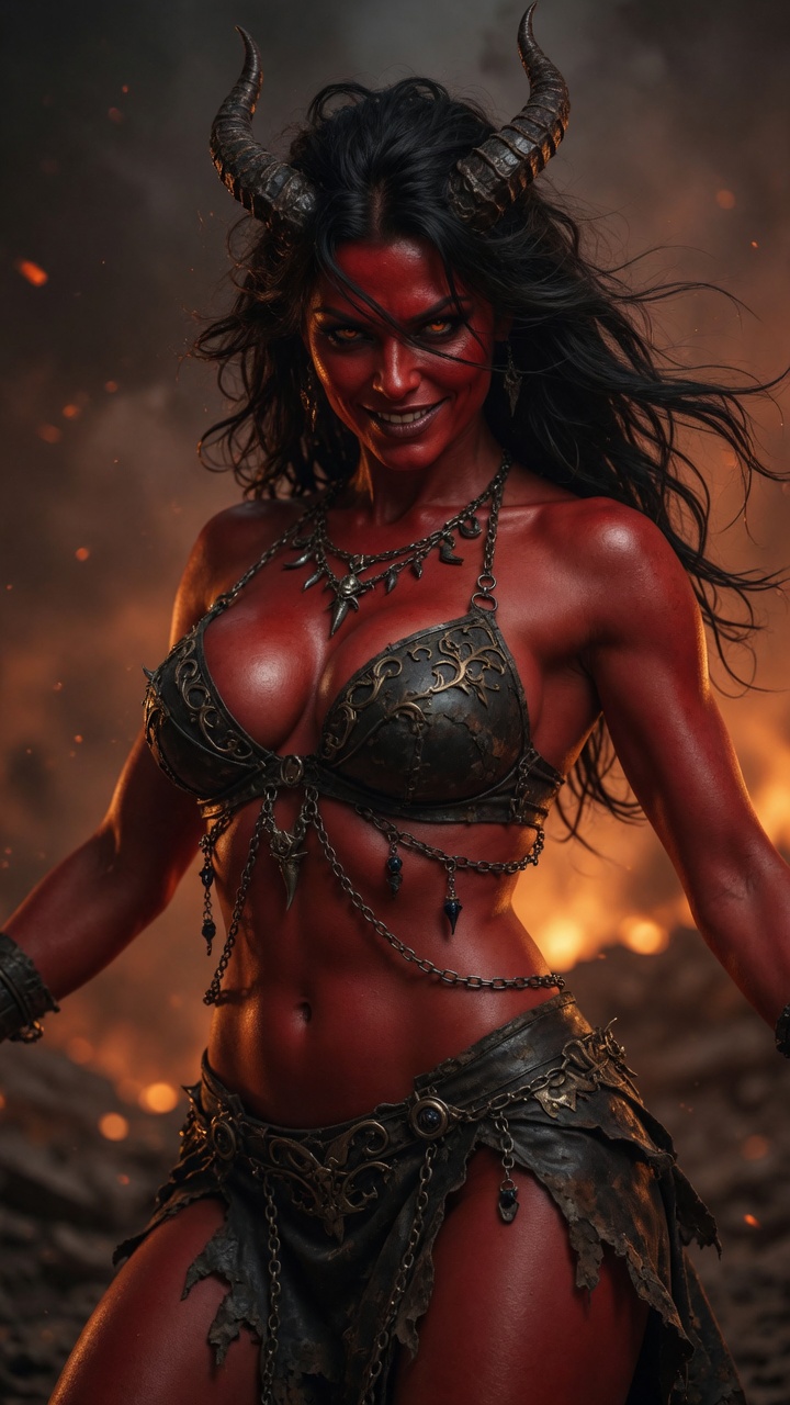 Portrait of Caro Vanta, horned and smiling before flame