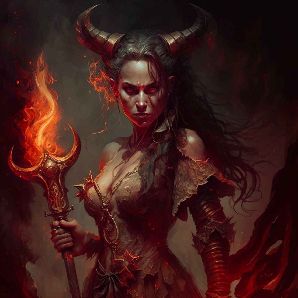 An avatar of Caro Vanta wreathed in flame, wielding a burning trident
