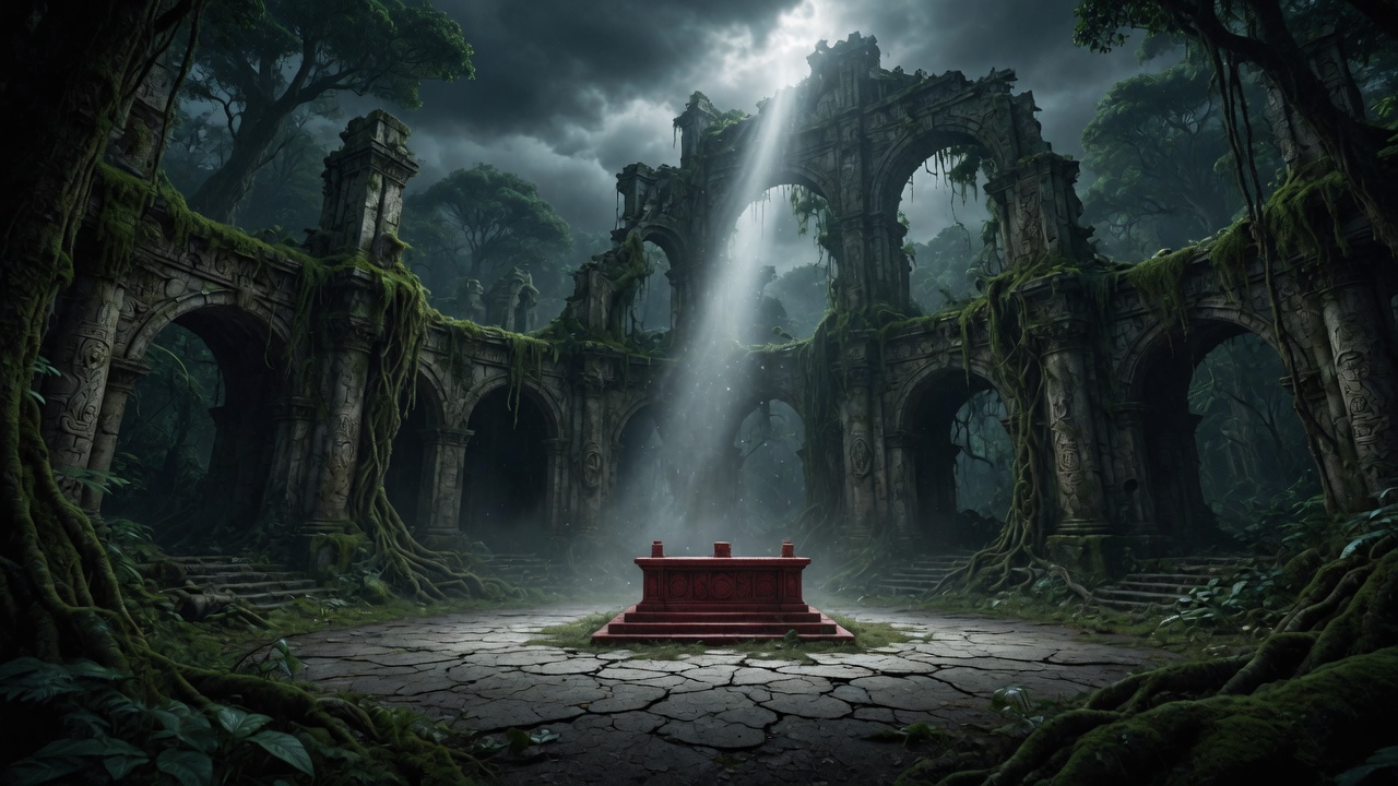A crimson-stone altar standing alone in a barren clearing at the heart of the ruined cathedral