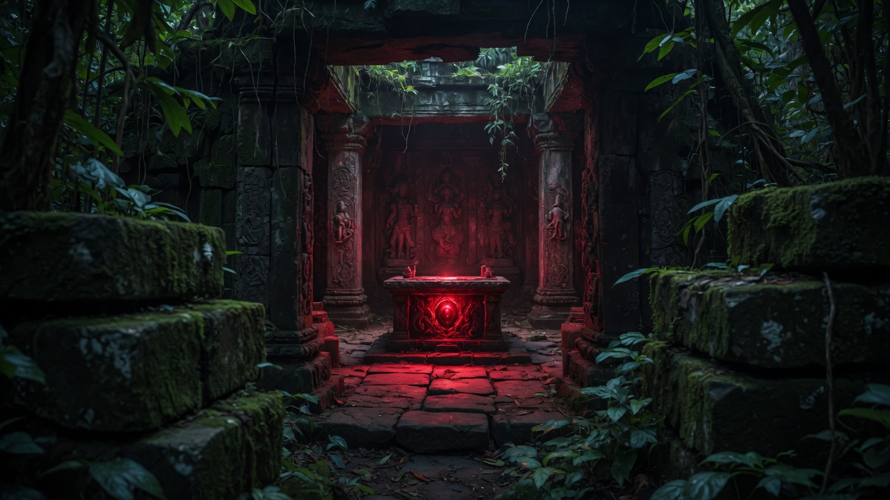 The same altar viewed from within the ruined inner sanctum, glowing faintly red