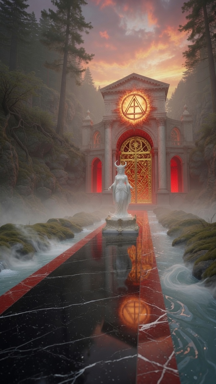 An intact marble temple of Caro Vanta in Seug, gold gate lit beneath a burning sigil