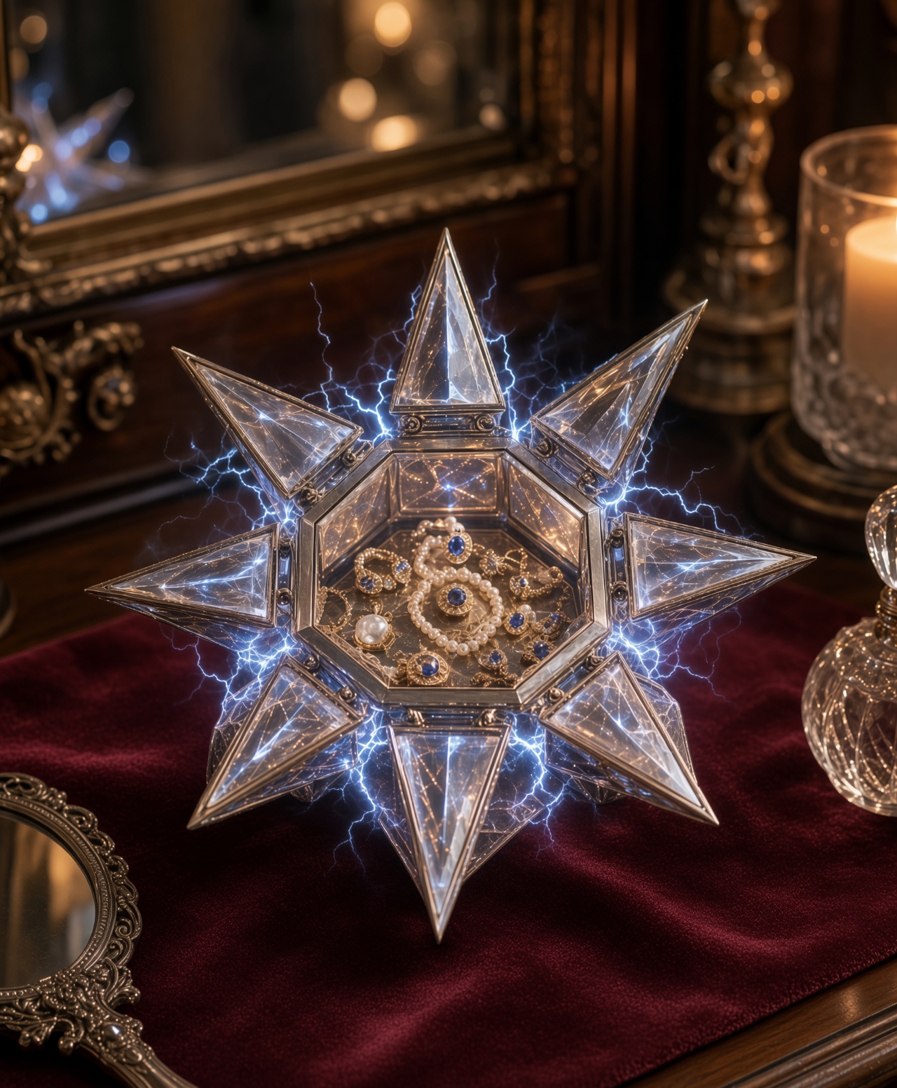 An eight-pointed star-shaped reliquary of glass and silver, crackling with blue lightning, jewelry visible inside