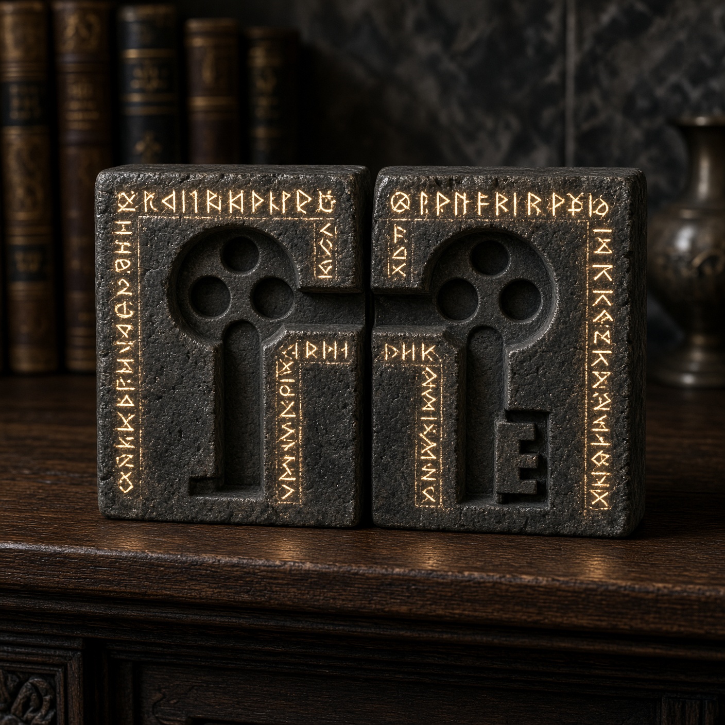 Two rune-carved stone blocks, each with a key shape cut into it, forming a two-part mold
