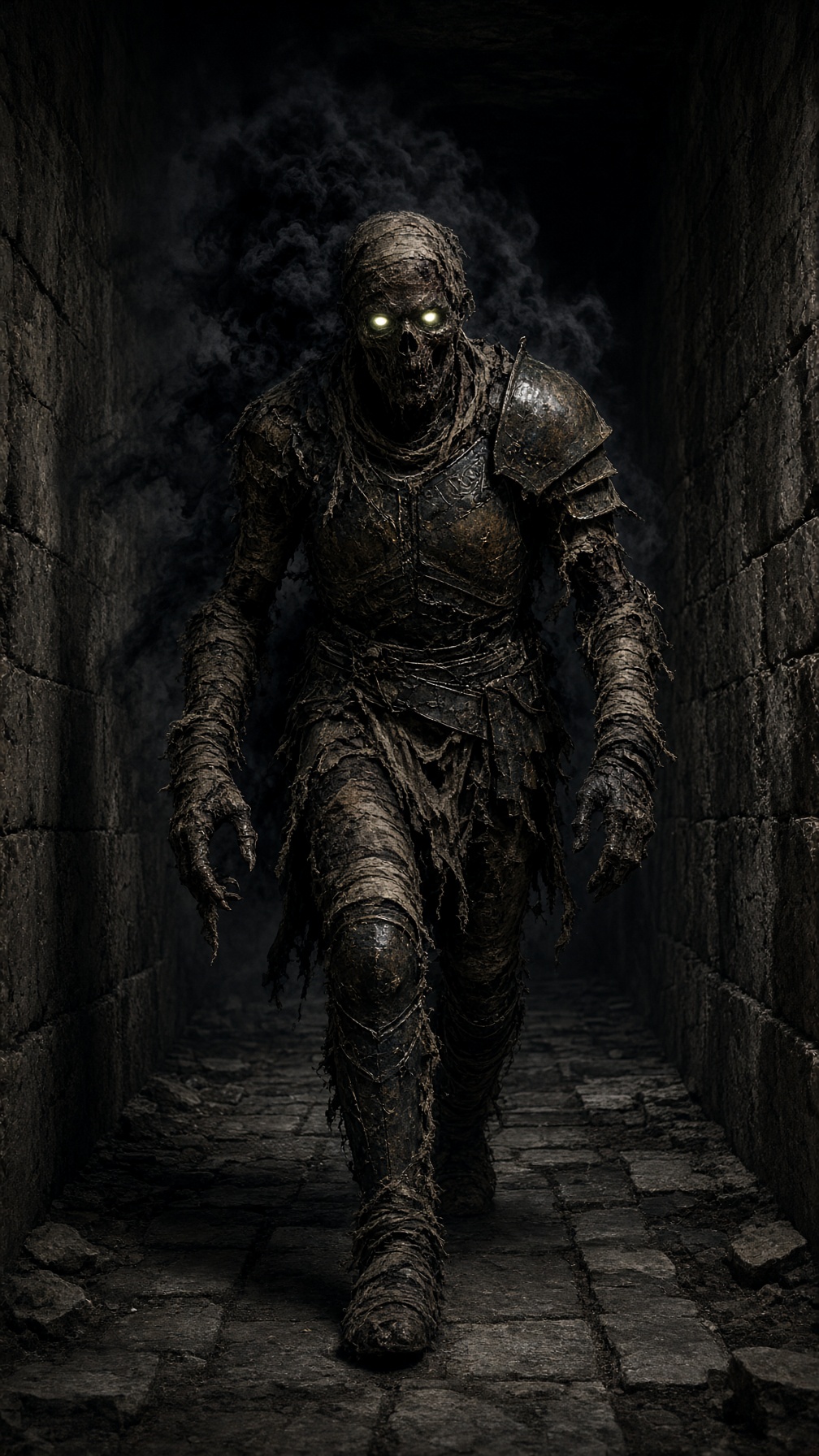The Nameless Dread walking down a dark stone dungeon corridor