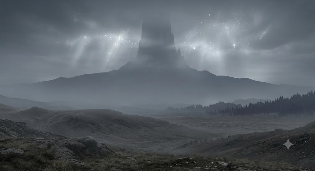 The Great Spire, the colossal mountain at the heart of the Dream Realm, seen from across the misty outer rings