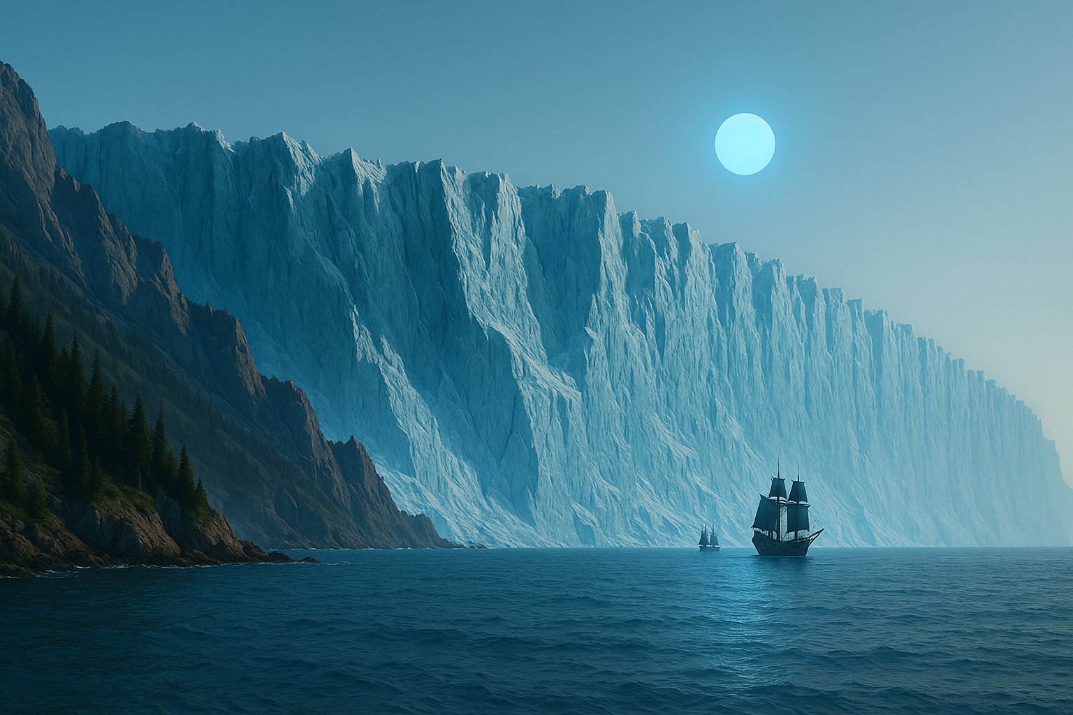 The Ice Shelf, a towering glacier coastline seen from the sea at dusk
