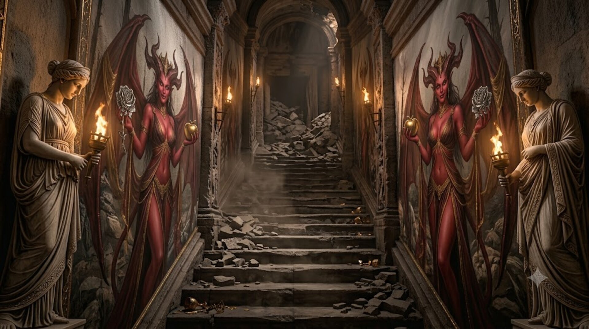 The ruined temple of Caro Vanta, murals of a horned figure lining a collapsed stairway