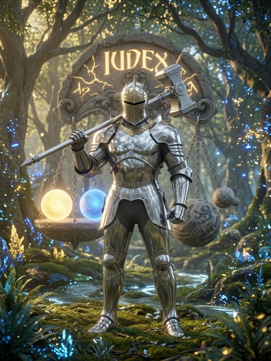 An armored avatar of Iüdex bearing the warhammer and holy symbol