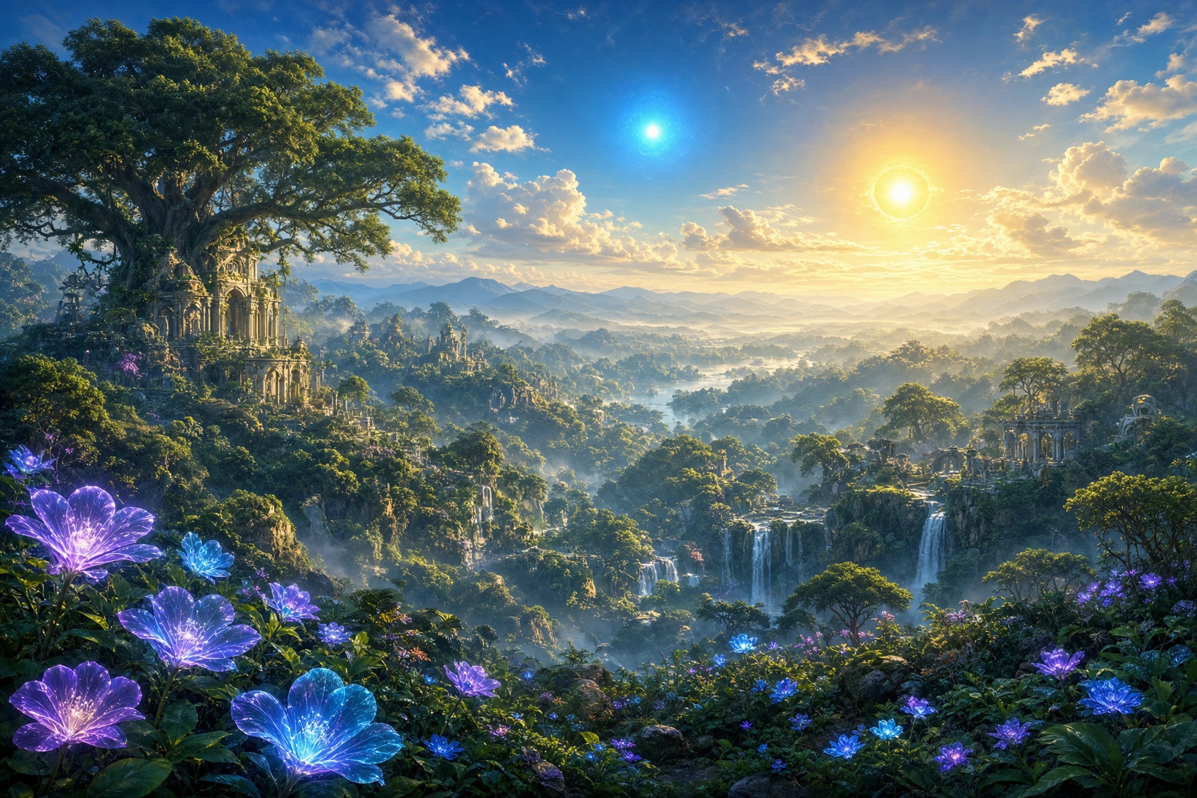 Jine'Fren beneath its twin suns, white spires rising above an unbroken sea of green