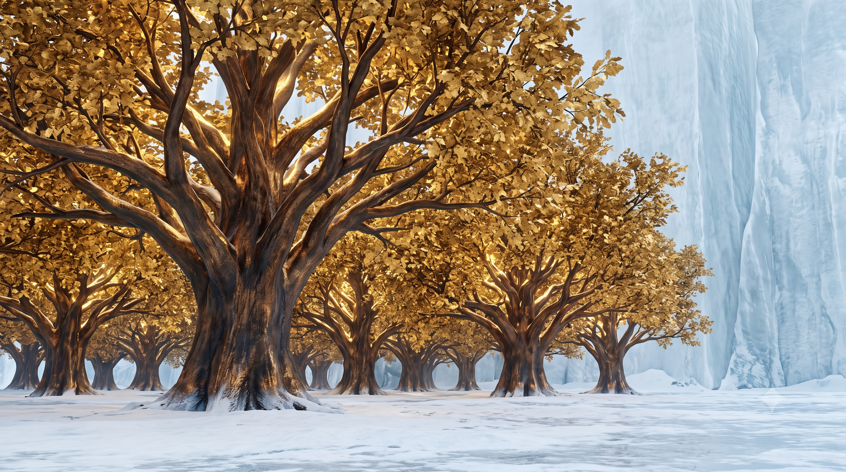 A grove of golden, glowing bronze wood trees in a ley-lit cavern clearing beneath the ice
