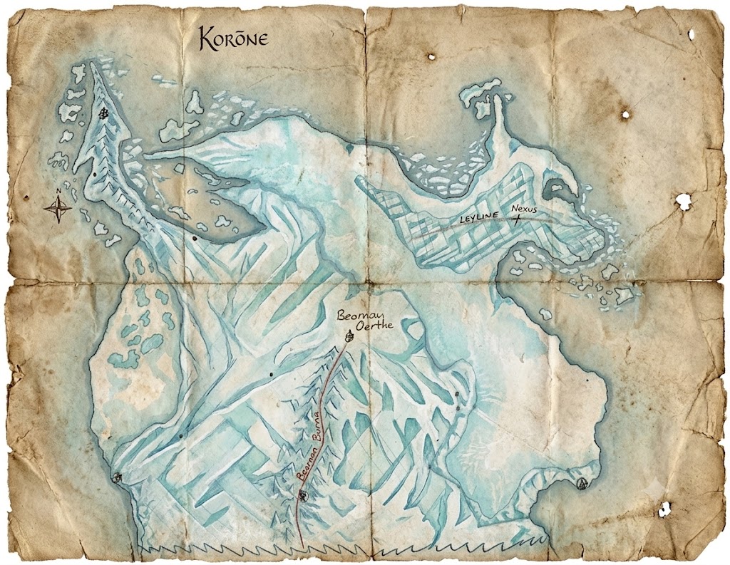 Hand-drawn cartographer's map of Korone, showing the Leyline Nexus and the settlements of Beomay Oerthe
