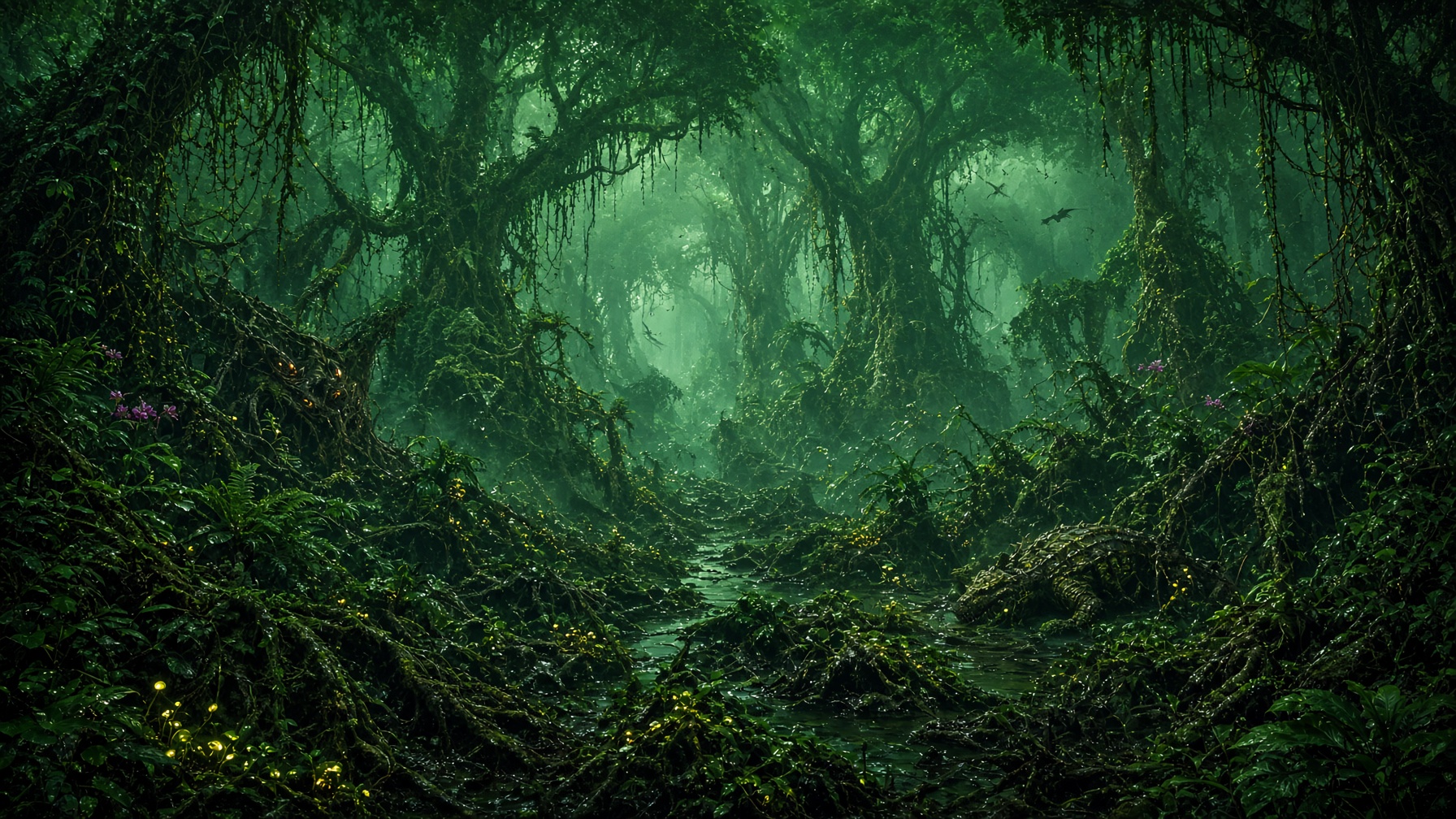 A misty green tunnel through Lekli's ironwood canopy, hung with vines and lit by scattered phosphorescent fungi