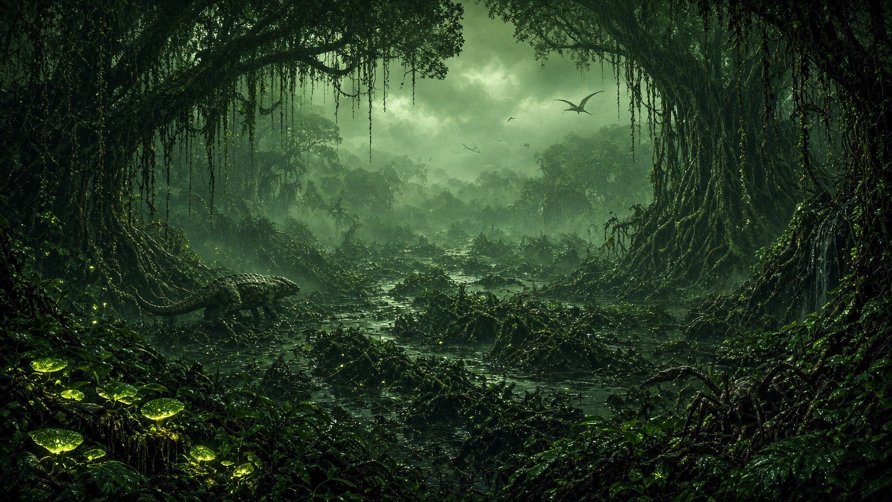 An armored reptile stalking the edge of a blackwater swamp beneath Lekli's canopy, with winged hunters circling above