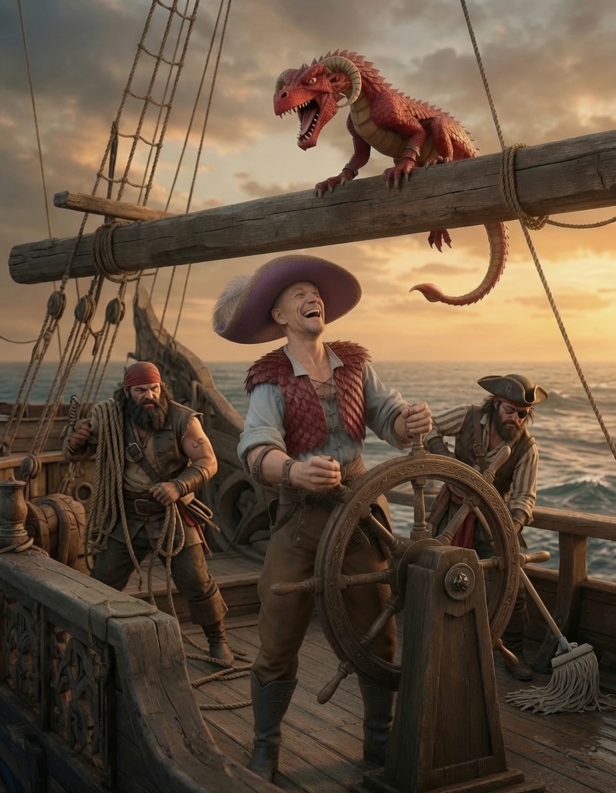 Macao at the helm, laughing, with Gracie on the yardarm