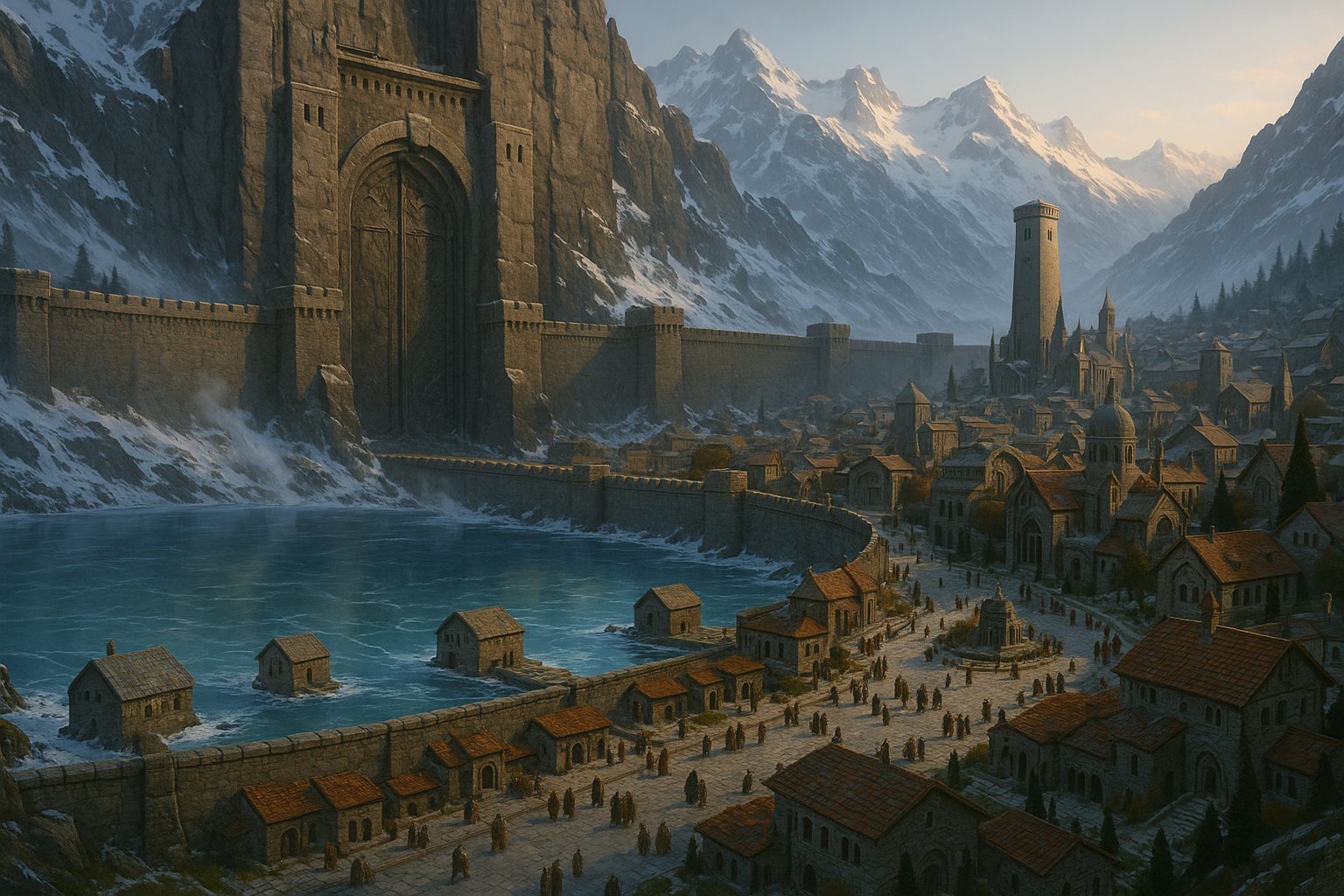 Menboko, a dwarven city built into a mountain wall beside a lake