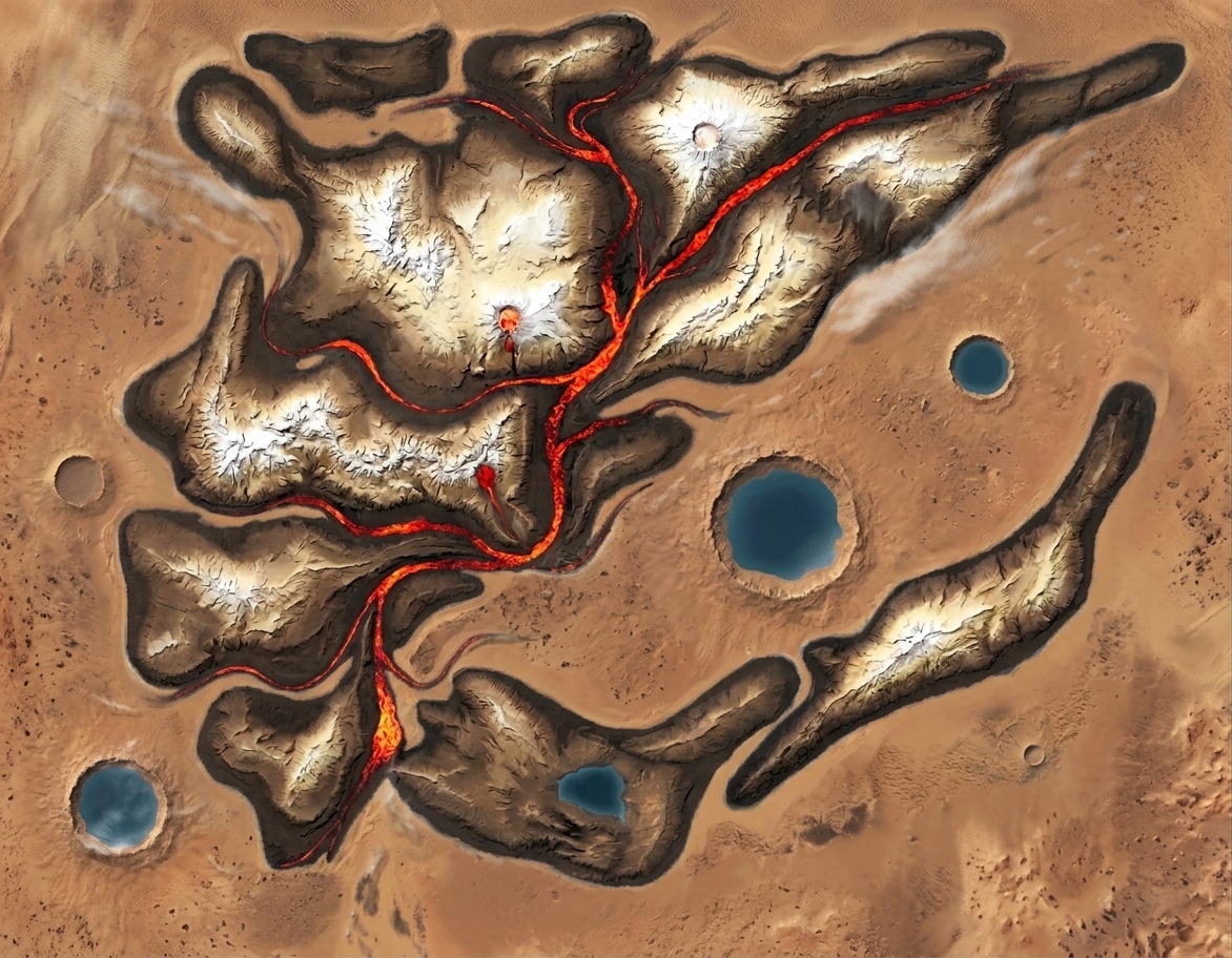 An overhead view of Mika's scarred, mountainous terrain