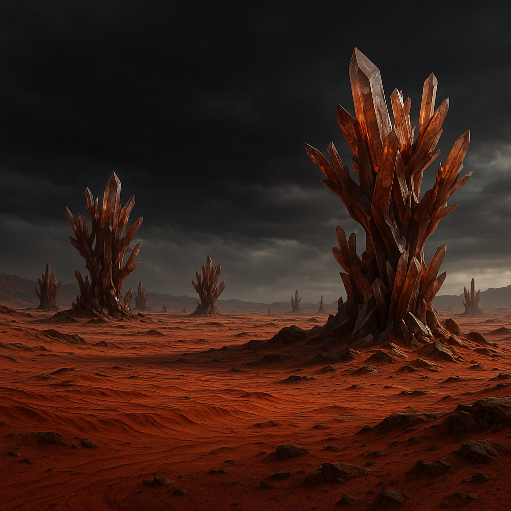 Red null-crystals rising from the sand on Mika under a dark, charcoal sky