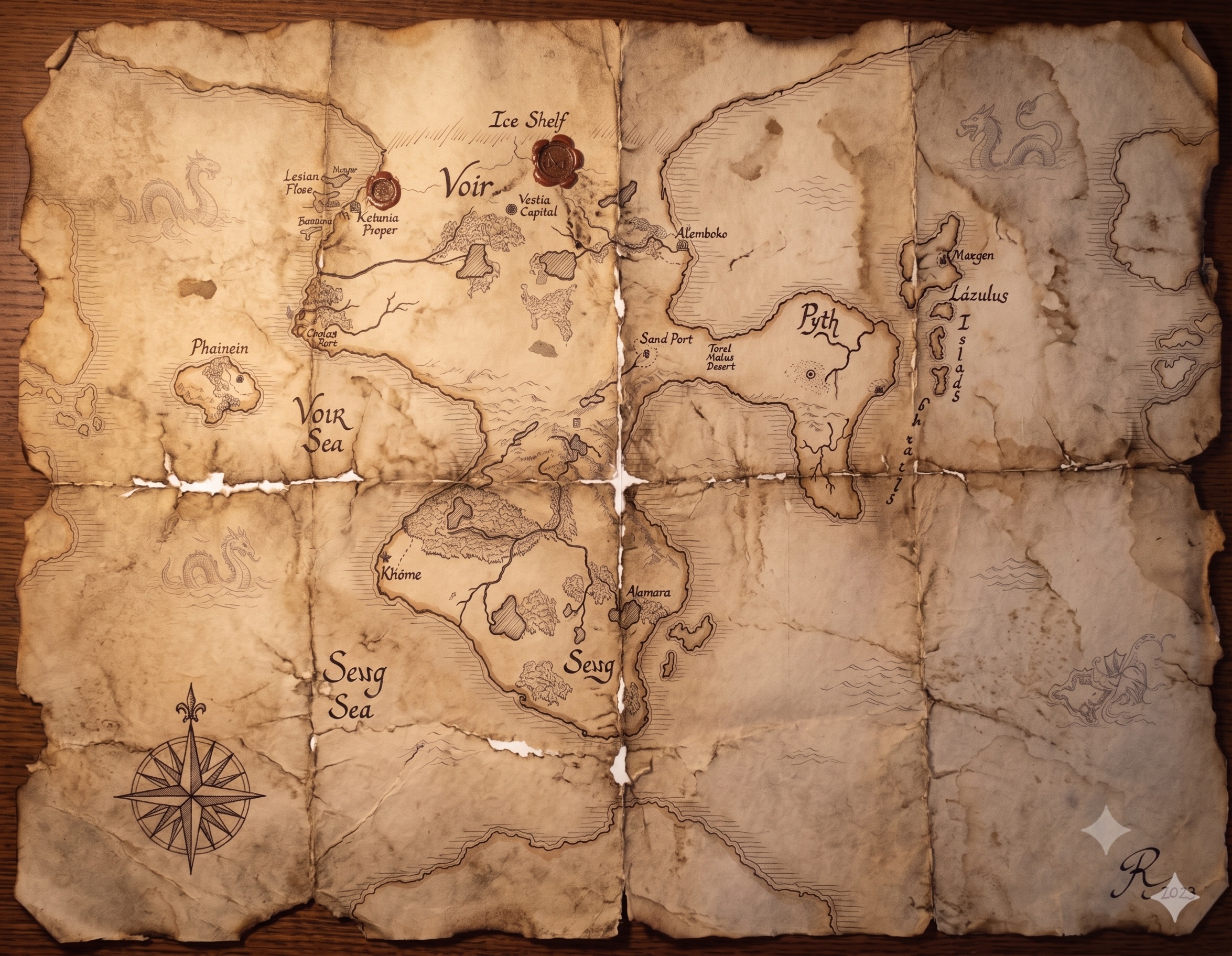 Hand-drawn map of Miranda's continents, showing Voir, Seug, Pyth, the Ice Shelf, and surrounding seas
