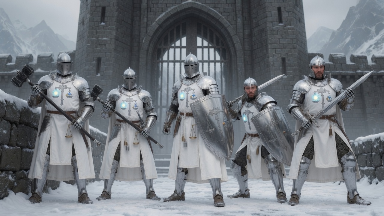 A company of five Monitor cleric-knights guarding a snowbound gate