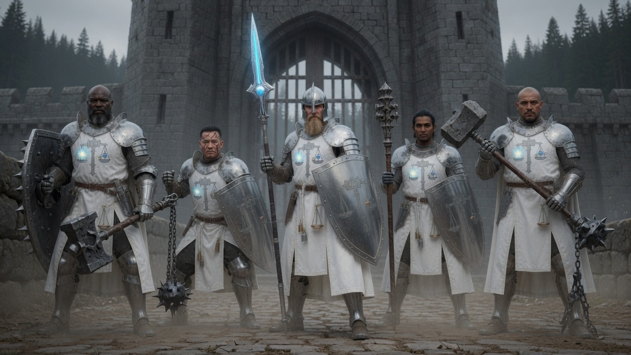 A company of five Monitor cleric-knights at the forest gate