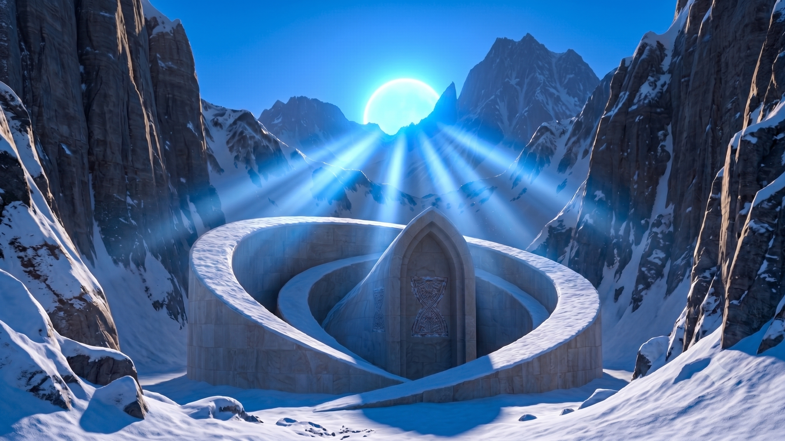 A ruined sanctuary half-buried in snow high in the Gods Mountains