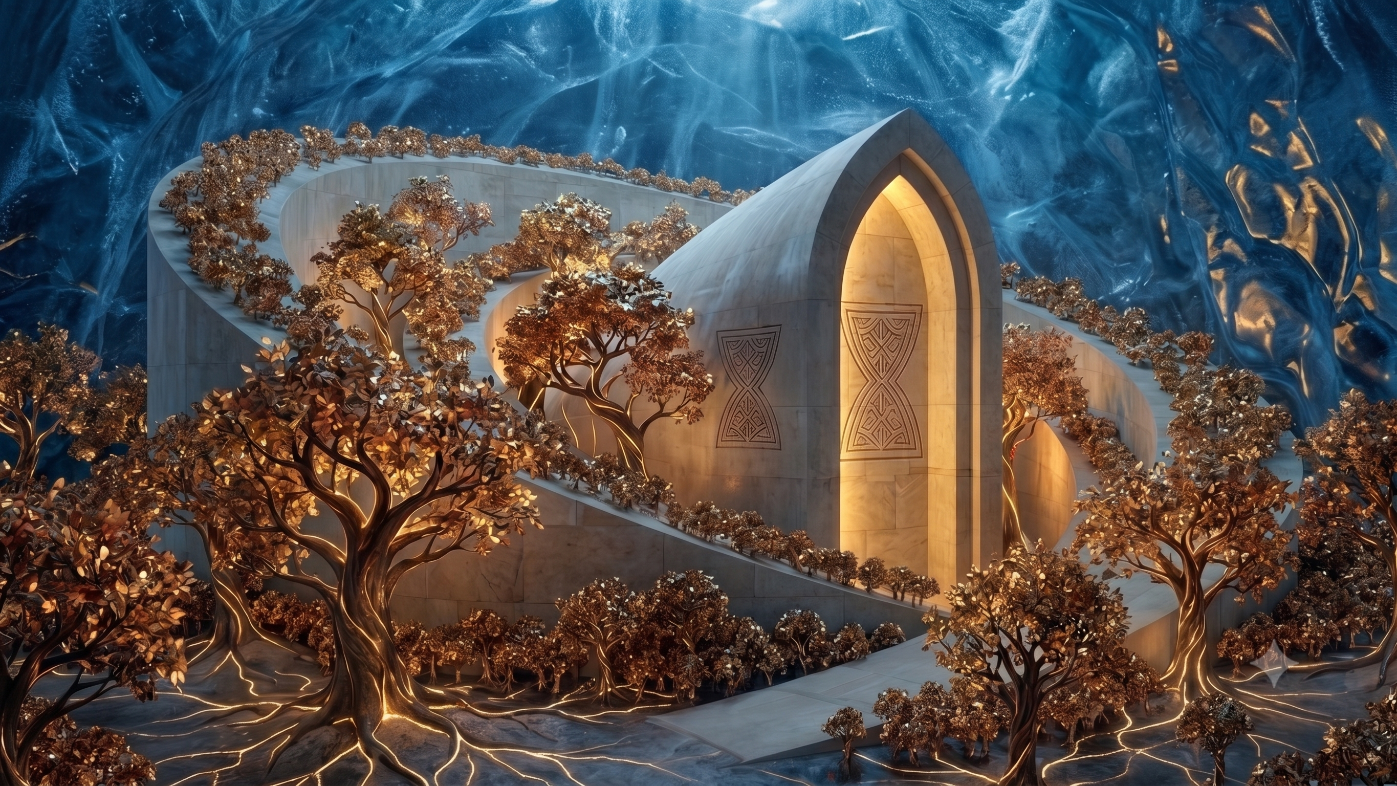 Gilded, softly glowing trees surrounding a temple of Noia buried deep beneath the Ice Shelf, resting atop a ley line nexus