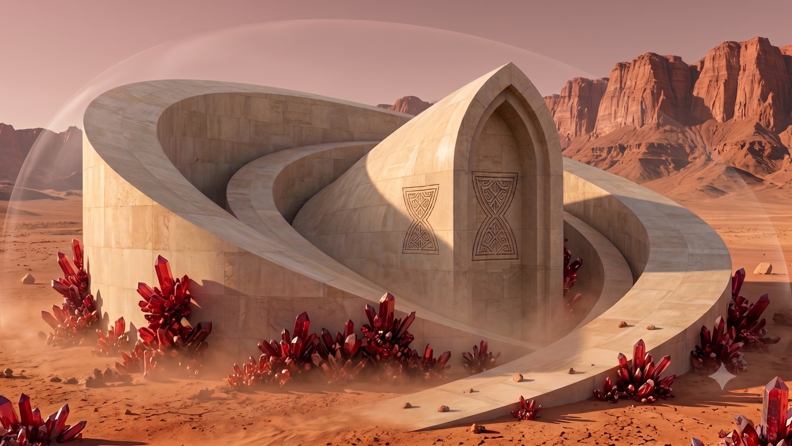 A temple of Noia on Mika, its stone rings rising from the desert beneath a sealed dome, ringed by red crystal
