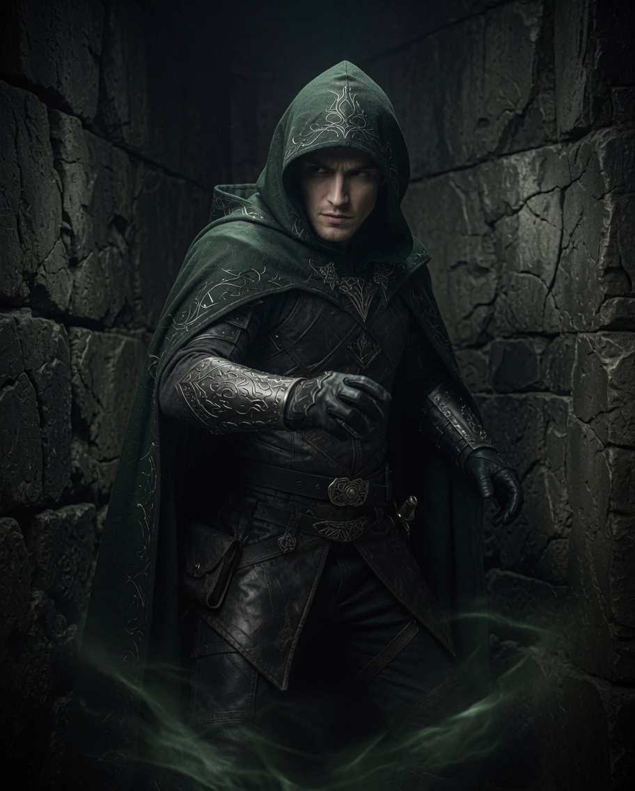 Sir Quith Abinor, hooded and cloaked in green-trimmed leathers, in a stone corridor