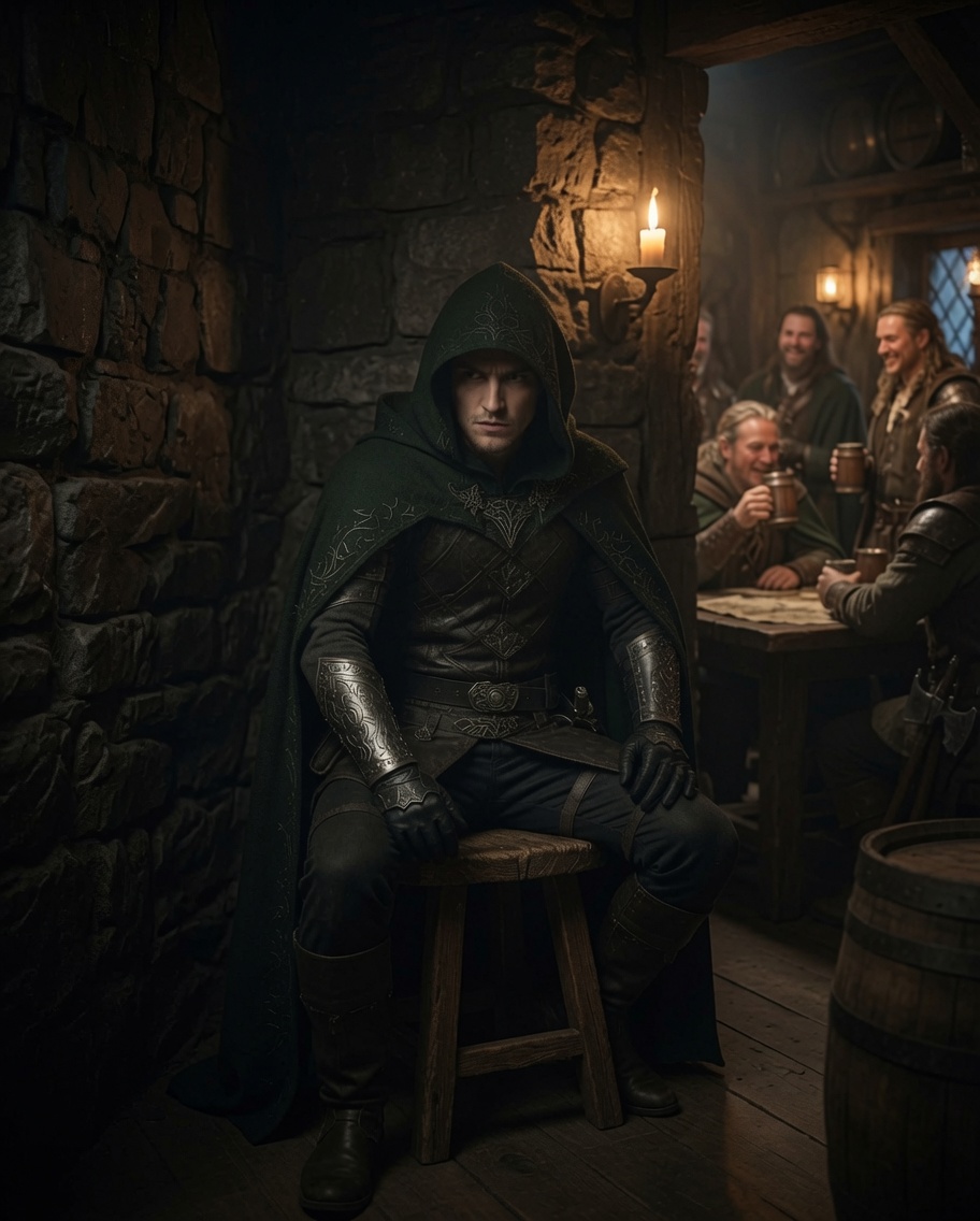Quith Abinor seated alone in a tavern corner while others drink nearby