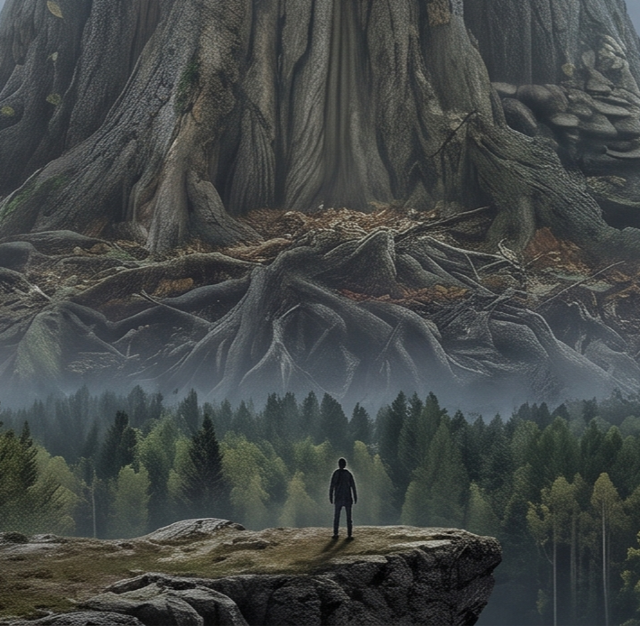The Tree of Dreams, roots and trunk seen up close, a lone figure standing at its base for scale