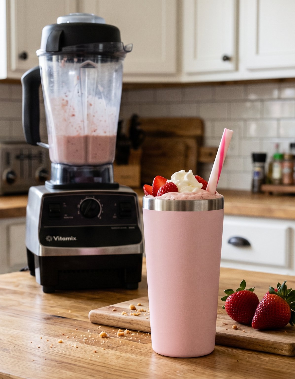A strawberry protein shake topped with whipped cream and fresh strawberries